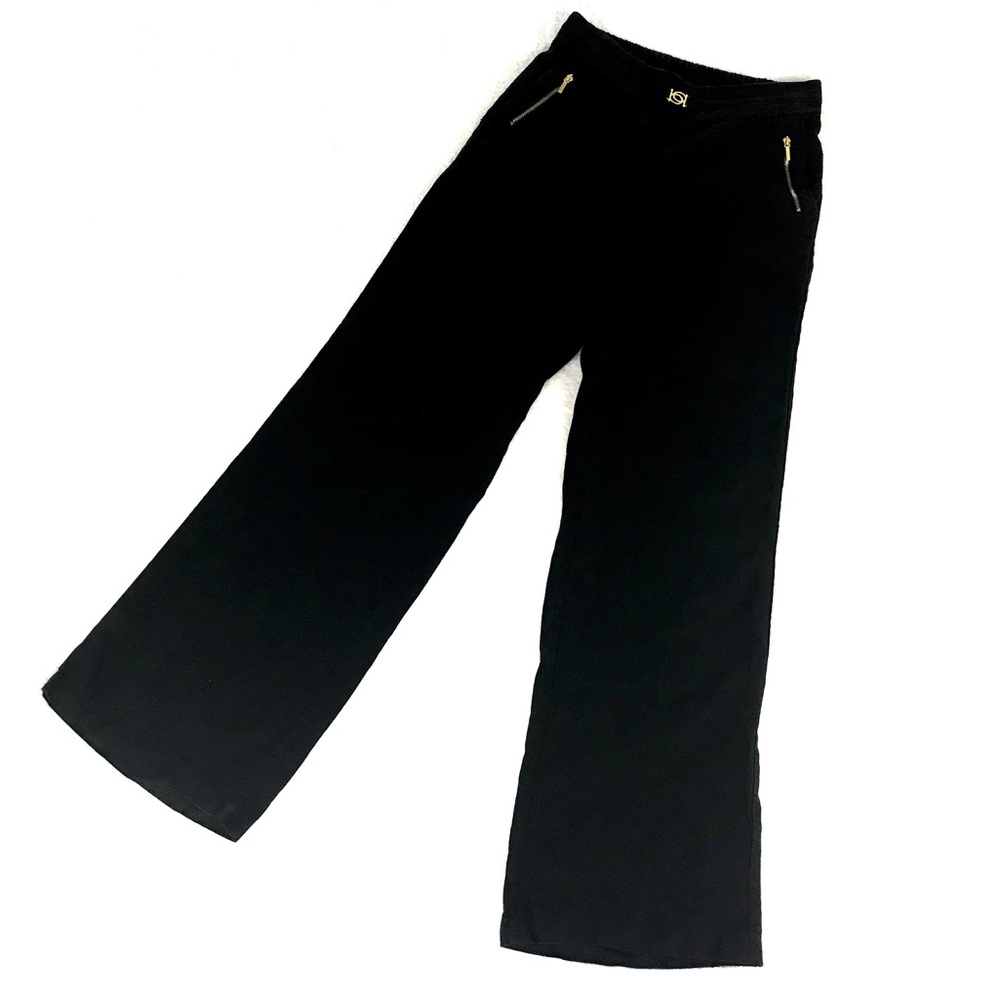 bebe Black Linen Wide Leg Pants with Gold Hardwear